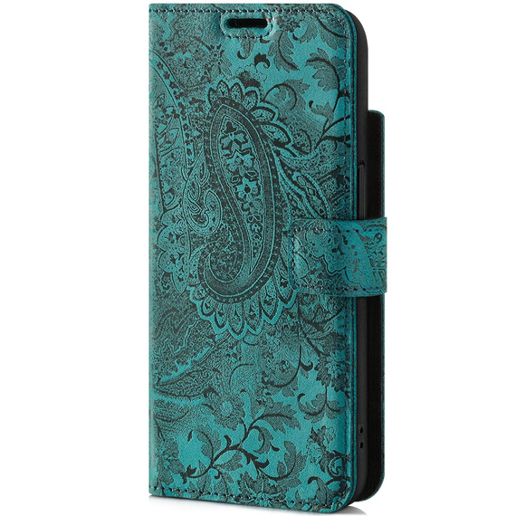 Skórzane etui na telefon RFID Wallet case - Ornament Turkusowy - TPU Czarne
