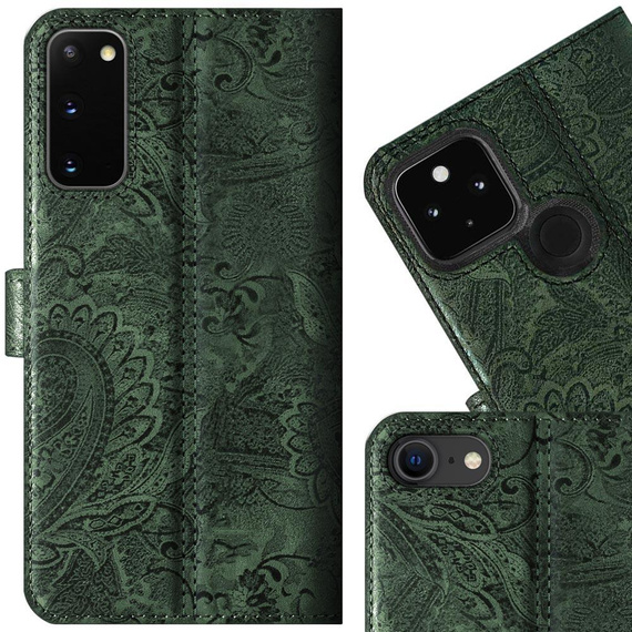 SURAZO Premium MJ - Skórzane Etui Na Smartphone Portfel z Klapką - Ornament Ciemny Zielony