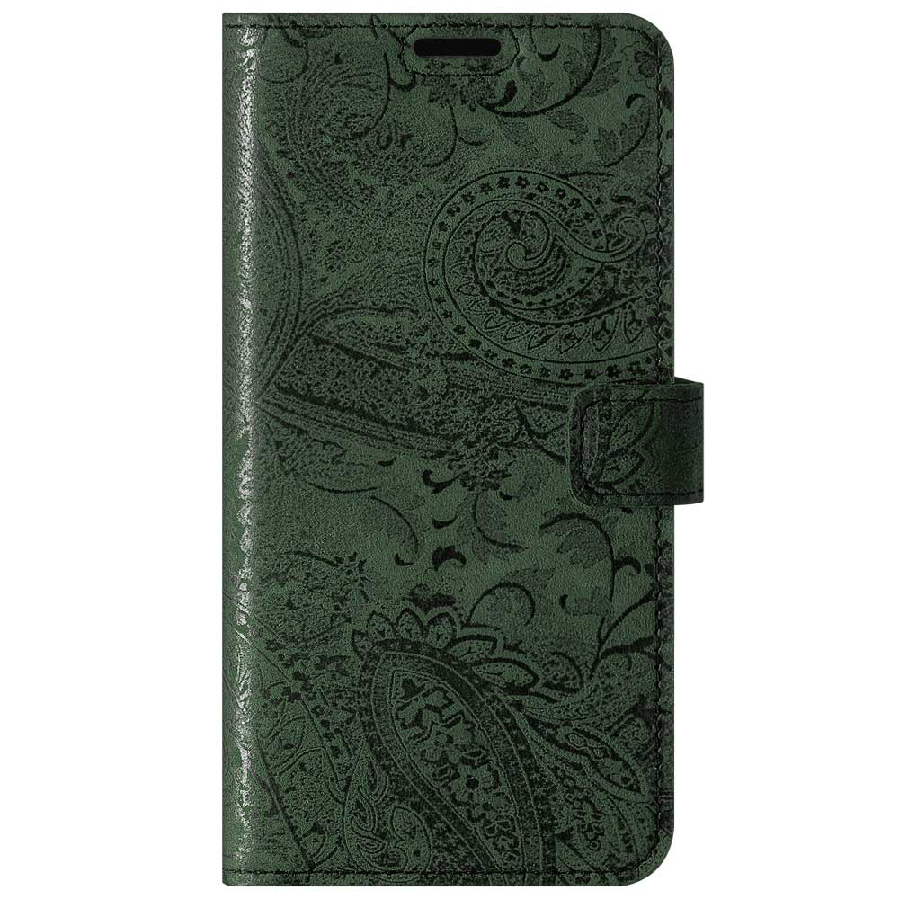 Skórzane etui na telefon Wallet case - Ornament Zielony - TPU Transparentne